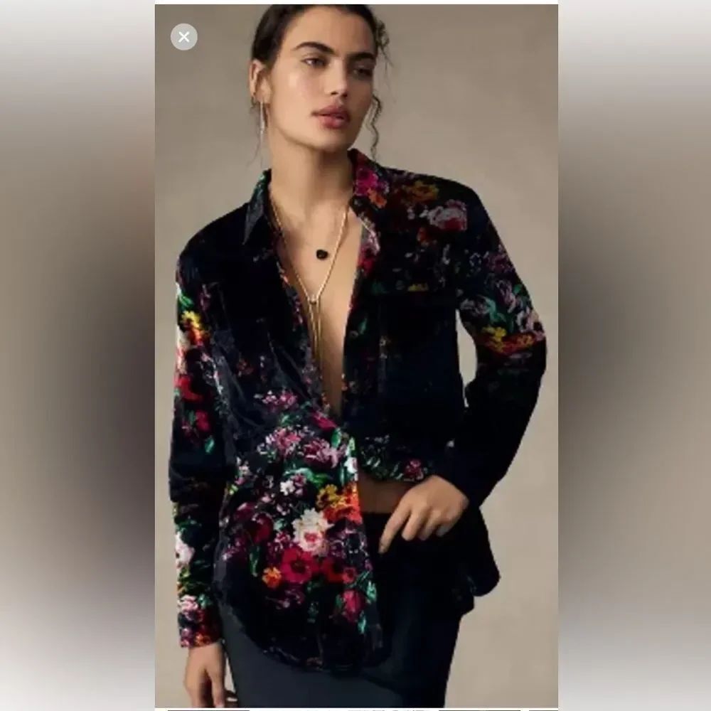 Anthropologie Pilcro Relaxed Velvet Button Down Top Shirt Black